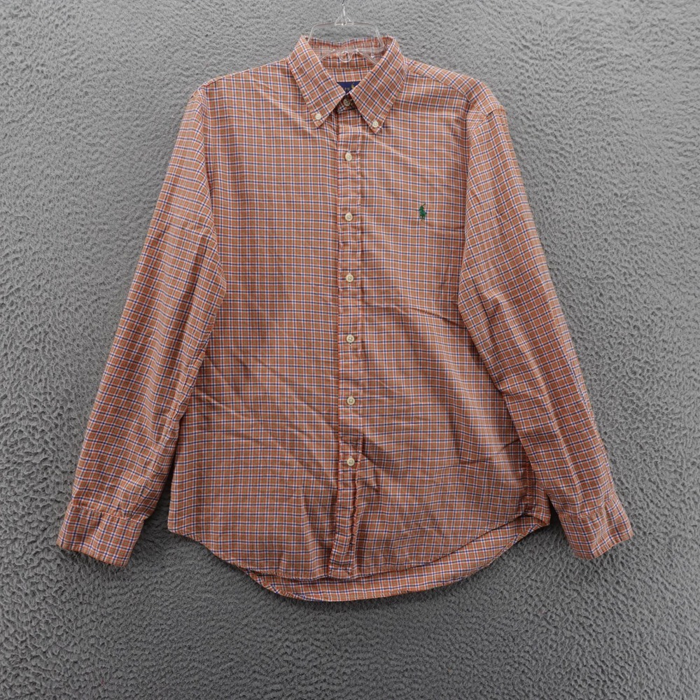 Ralph Lauren Plaid Button Down Shirt Medium Orange Blue Green Cotton Mens Casual
